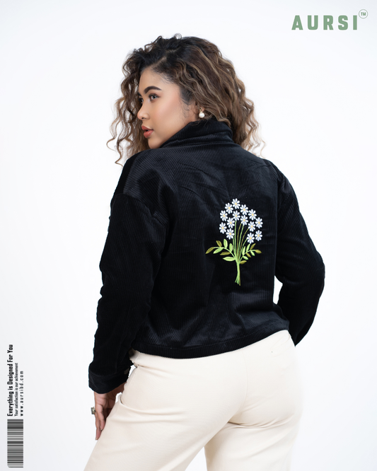 Embroidered Ladies Crop Jacket (Black)