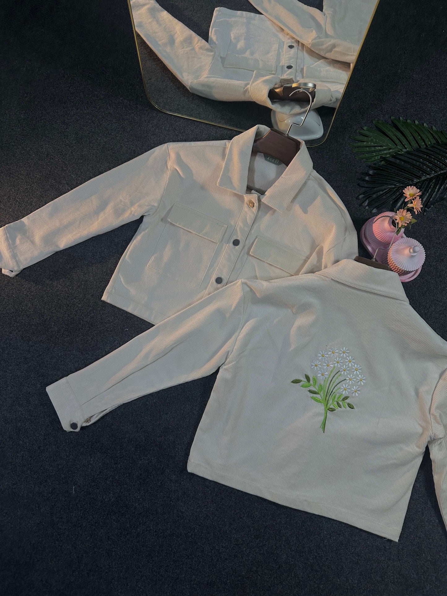 Embroidered Ladies Crop Jacket (Off-White)