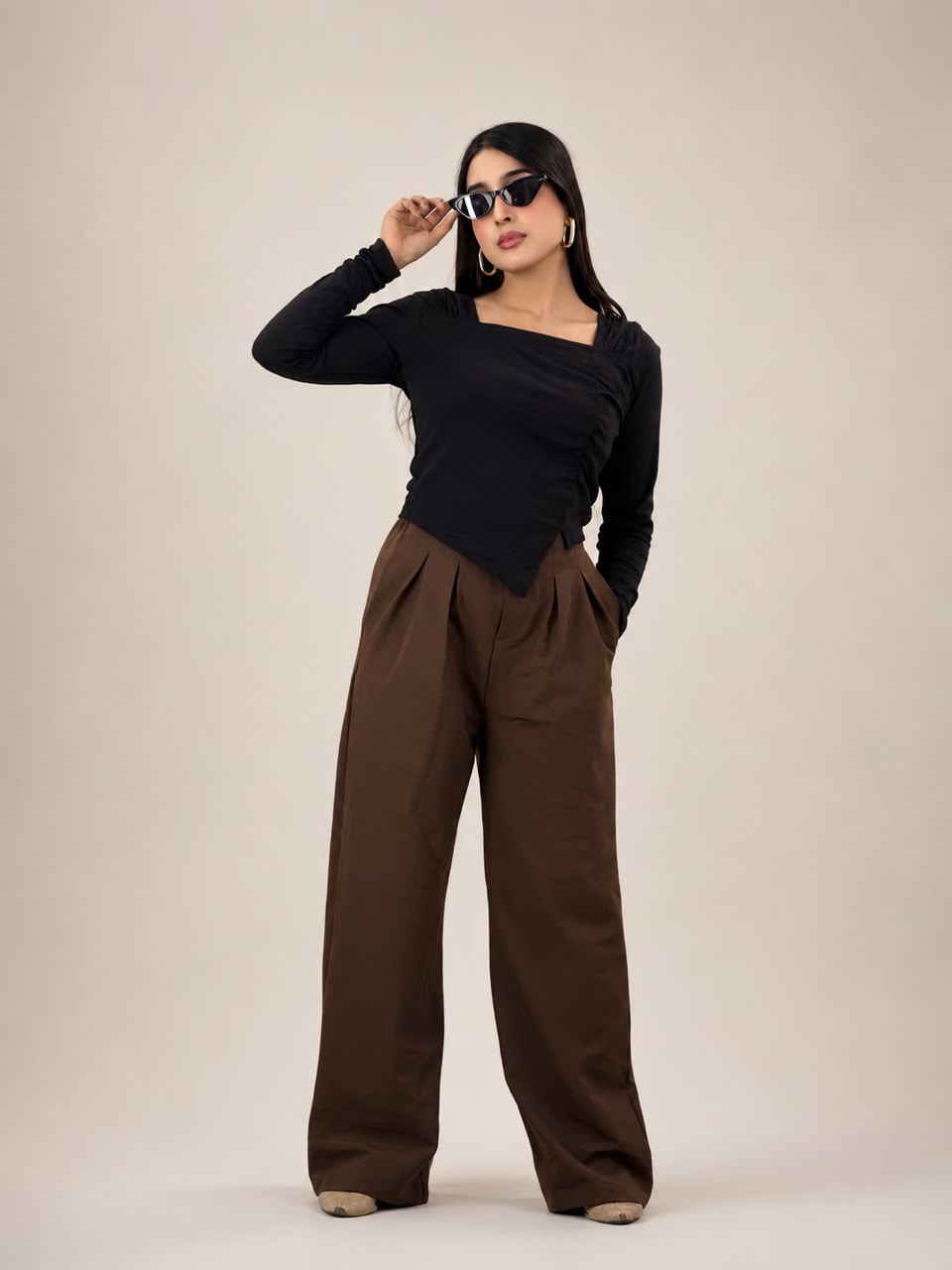 Ladies Loose Fit Wide Leg Pants - 07 (Chocolate)